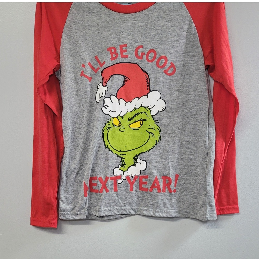 Dr Seuss The Grinch I'll Be Good Next Year Raglan Shirt Gray Red Small